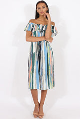 White Colourful Stripe Bardot Culotte Jumpsuit - Kathy-Jumpsuits