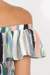 White Colourful Stripe Bardot Culotte Jumpsuit - Kathy-Jumpsuits