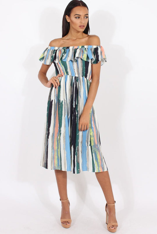 White Colourful Stripe Bardot Culotte Jumpsuit - Kathy