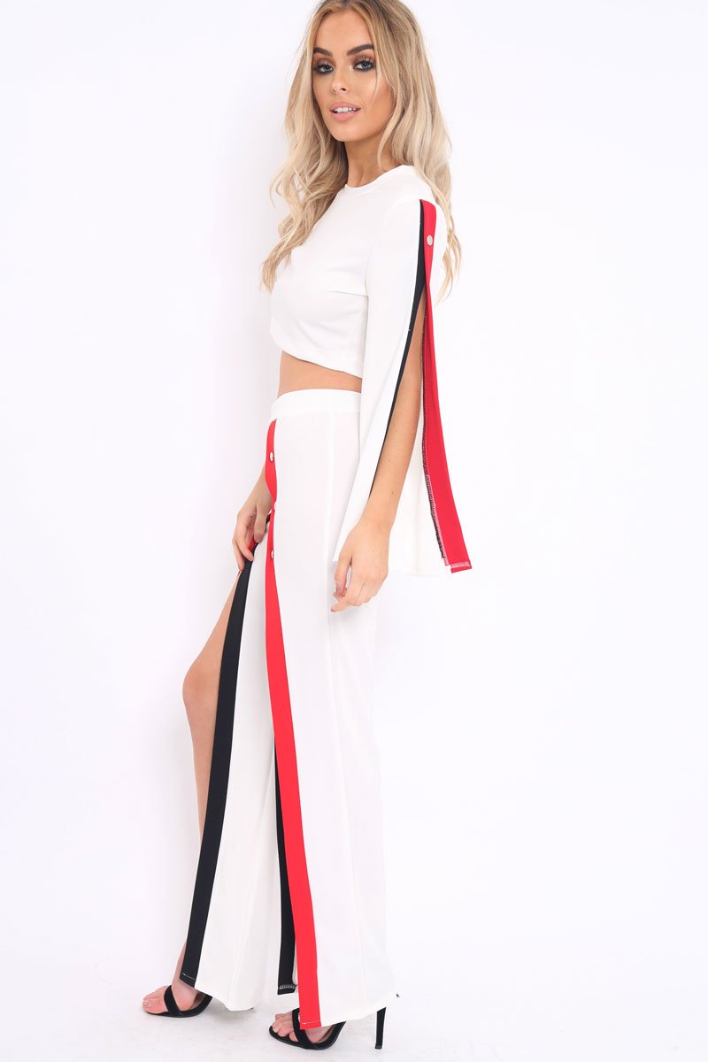White Contrast Split Popper Front Co-ord Set - Krista-Co-ords
