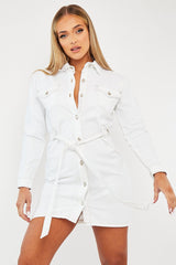 White Contrast Stitch Belted Denim Dress - Donia-Dresses