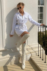 White Contrast Stitch Belted Denim Dress - Donia-Dresses