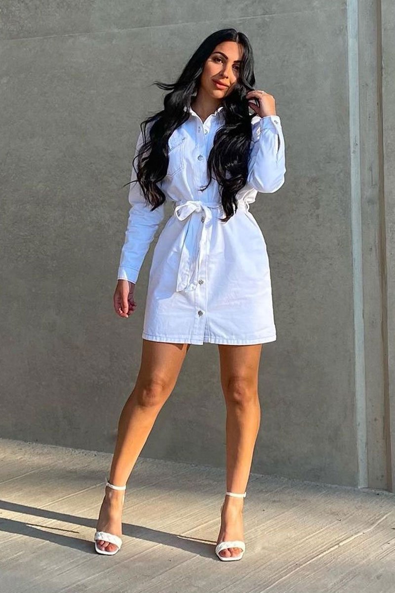 White Contrast Stitch Belted Denim Dress - Donia-Dresses