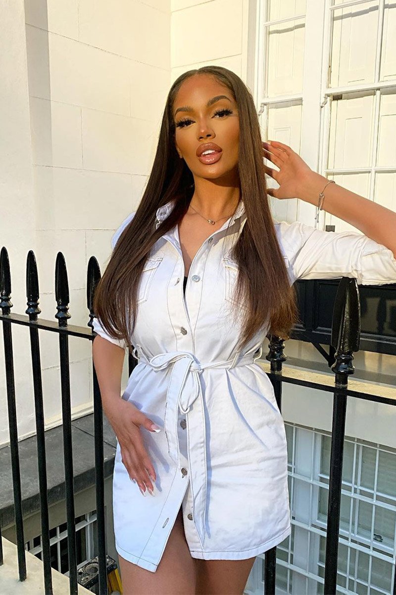 White Contrast Stitch Belted Denim Dress - Donia-Dresses