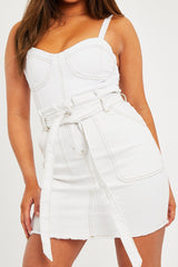 White Contrast Stitch Belted Mini Skirt - Neva-Skirts