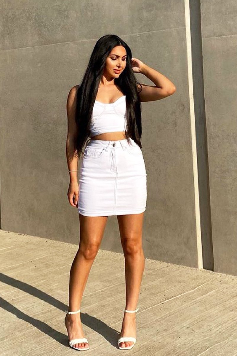 White Contrast Stitch Bralet + Skirt Denim Co-ord - Divina-Co-ords