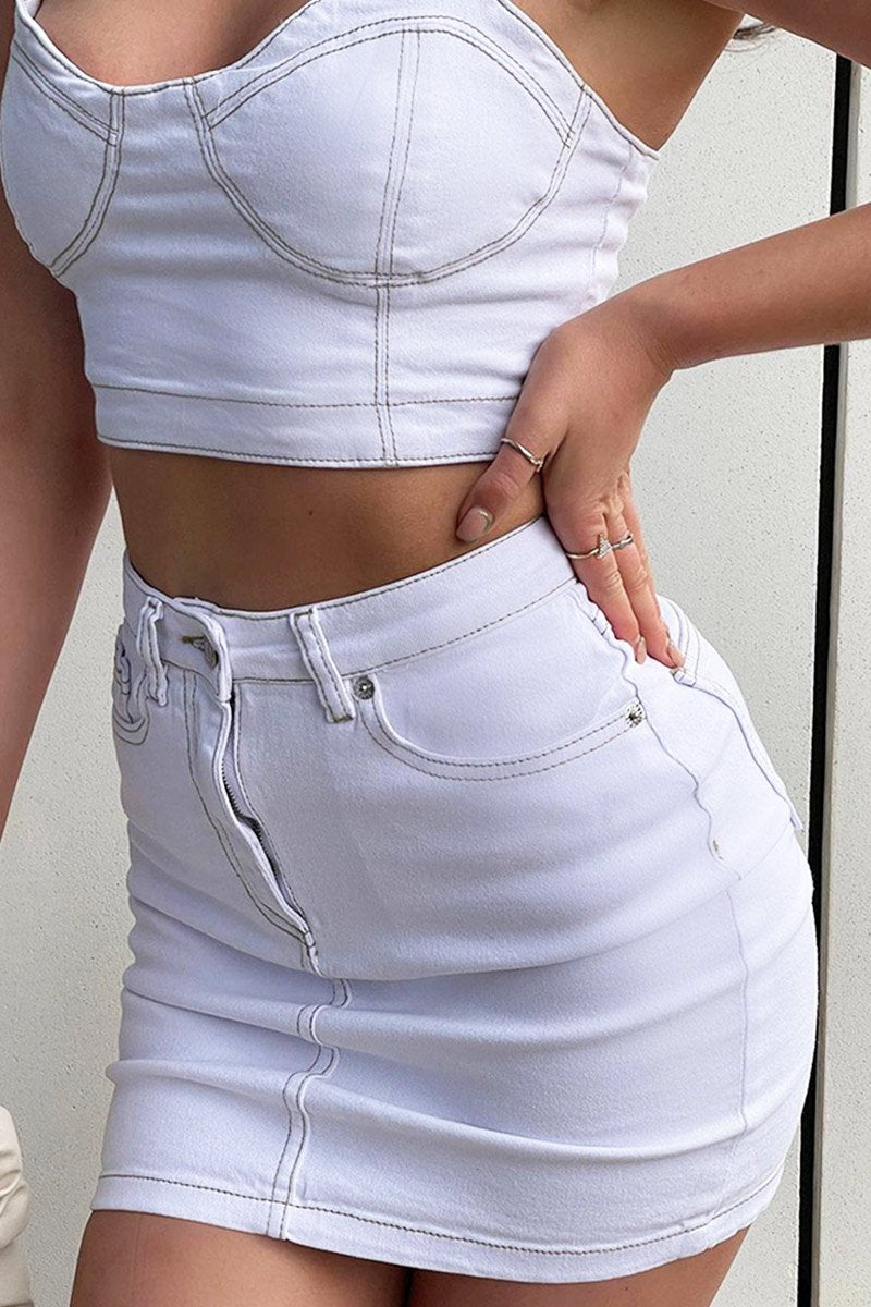 White Contrast Stitch Bralet + Skirt Denim Co-ord - Divina-Co-ords
