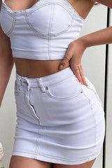 White Contrast Stitch Bralet + Skirt Denim Co-ord - Divina-Co-ords
