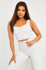 White Contrast Stitch Corset Denim Crop Top - Makia-Crop Tops