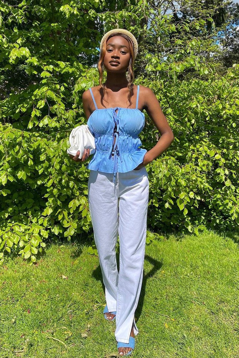 White Contrast Stitch Denim Straight Leg Side Split Jeans - Tashi-Jeans