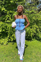 White Contrast Stitch Denim Straight Leg Side Split Jeans - Tashi-Jeans