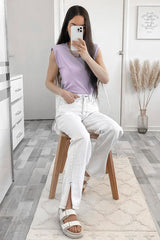 White Contrast Stitch Denim Straight Leg Side Split Jeans - Tashi-Jeans