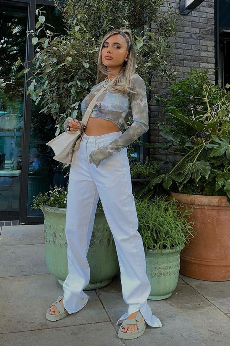 White Contrast Stitch Denim Straight Leg Side Split Jeans - Tashi-Jeans