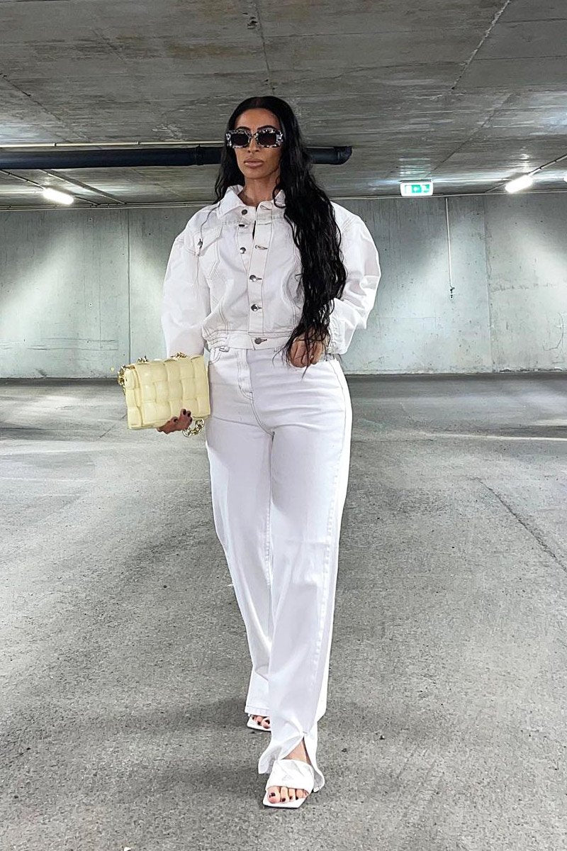 White Contrast Stitch Denim Straight Leg Side Split Jeans - Tashi-Jeans