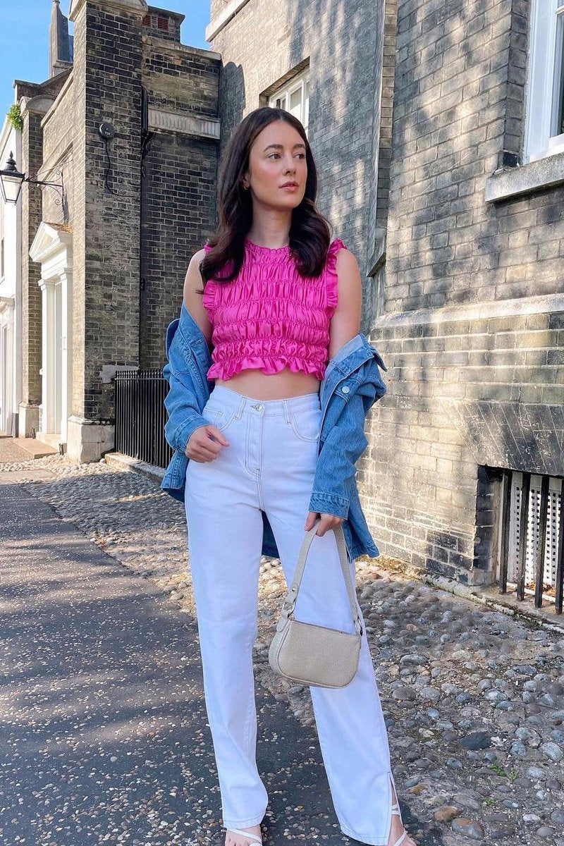 White Contrast Stitch Denim Straight Leg Side Split Jeans - Tashi-Jeans