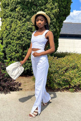 White Contrast Stitch Denim Straight Leg Side Split Jeans - Tashi-Jeans