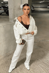 White Contrast Stitch Denim Straight Leg Side Split Jeans - Tashi-Jeans