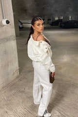 White Contrast Stitch Denim Straight Leg Side Split Jeans - Tashi-Jeans