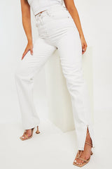 White Contrast Stitch Denim Straight Leg Side Split Jeans - Tashi-Jeans
