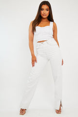 White Contrast Stitch Denim Straight Leg Side Split Jeans - Tashi-Jeans
