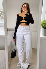 White Contrast Stitch Denim Straight Leg Side Split Jeans - Tashi-Jeans