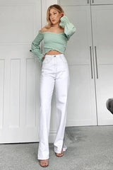 White Contrast Stitch Denim Straight Leg Side Split Jeans - Tashi-Jeans