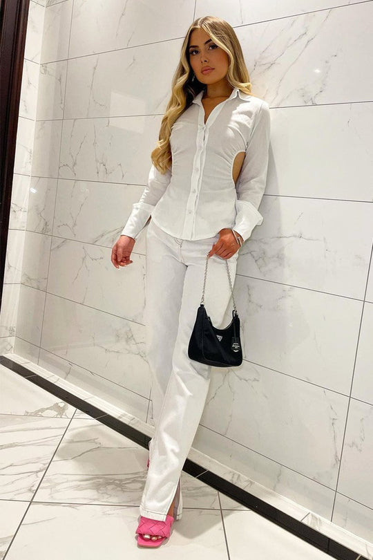 White Contrast Stitch Denim Straight Leg Side Split Jeans - Tashi