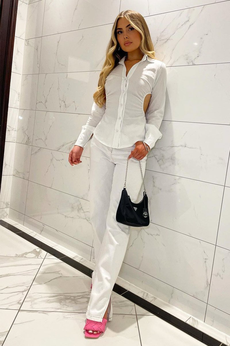 White Contrast Stitch Denim Straight Leg Side Split Jeans - Tashi