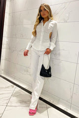 White Contrast Stitch Denim Straight Leg Side Split Jeans - Tashi