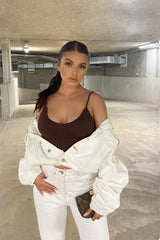 White Contrast Stitch Elasticated Hem Denim Jacket - Danalee-Jackets