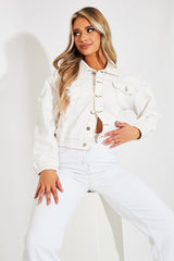 White Contrast Stitch Elasticated Hem Denim Jacket - Danalee-Jackets