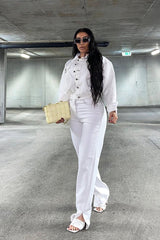 White Contrast Stitch Elasticated Hem Denim Jacket - Danalee-Jackets