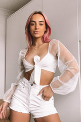 White Contrast Stitch Frayed Hem Denim Shorts - Jessie-Shorts