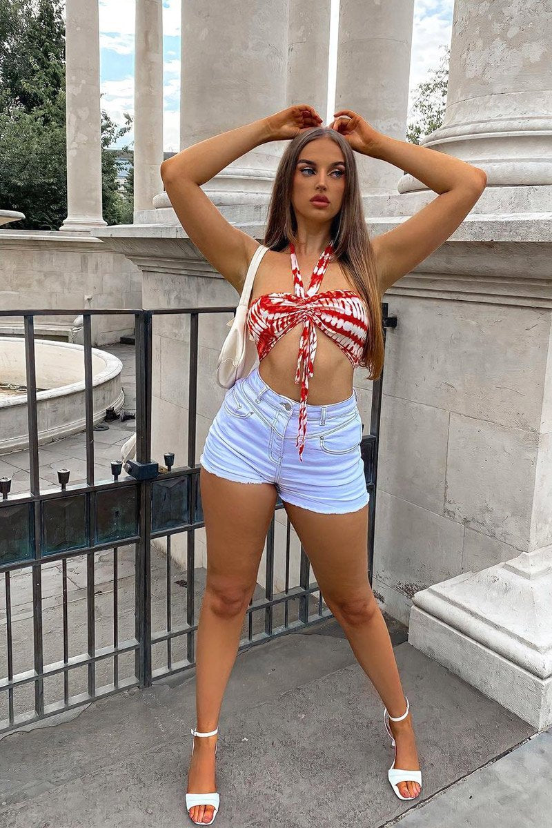 White Contrast Stitch Frayed Hem Denim Shorts - Jessie-Shorts