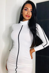 White Contrast Stripe Detail High Neck Midi Dress - Niana-Dresses