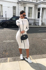 White Contrast Stripe Detail High Neck Midi Dress - Niana-Dresses