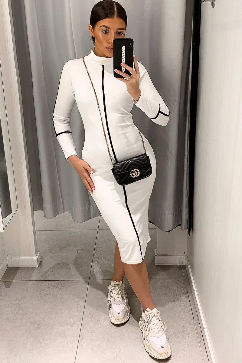 White Contrast Stripe Detail High Neck Midi Dress - Niana-Dresses