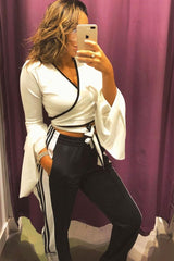 White Contrast Trim Tie Front Crop Top - Jaxy-Crop Tops