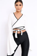 White Contrast Trim Tie Front Crop Top - Jaxy-Crop Tops