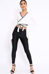 White Contrast Trim Tie Front Crop Top - Jaxy-Crop Tops