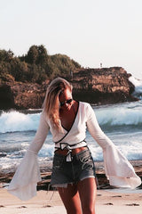 White Contrast Trim Tie Front Crop Top - Jaxy-Crop Tops