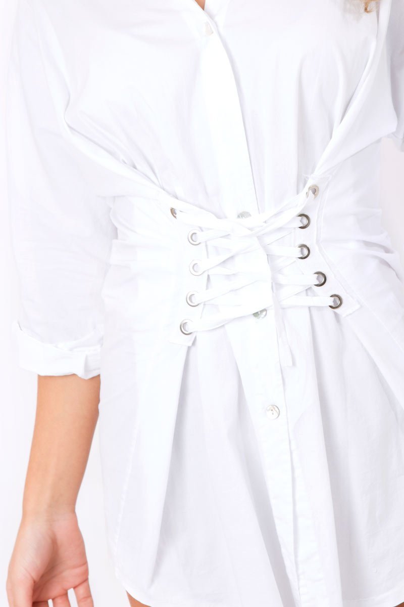 White Corset Front Shirt Dress - Malika-Shirts