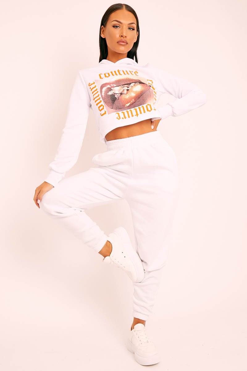White Couture Graphic Cropped Hoodie - Camia-Hoodies