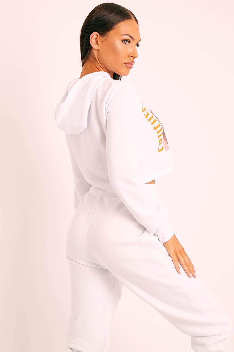 White Couture Graphic Cropped Hoodie - Camia-Hoodies