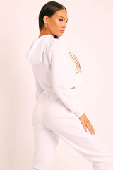 White Couture Graphic Cropped Hoodie - Camia-Hoodies