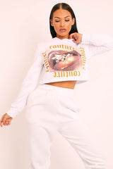 White Couture Graphic Cropped Hoodie - Camia-Hoodies