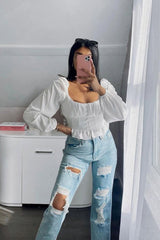 White Covered Button Top - Anelise-Tops