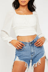 White Crepe Ruched Panel Crop Top - Laurie-Crop Tops