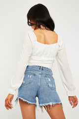 White Crepe Ruched Panel Crop Top - Laurie-Crop Tops
