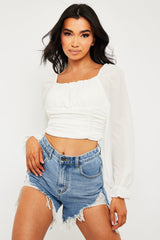 White Crepe Ruched Panel Crop Top - Laurie-Crop Tops